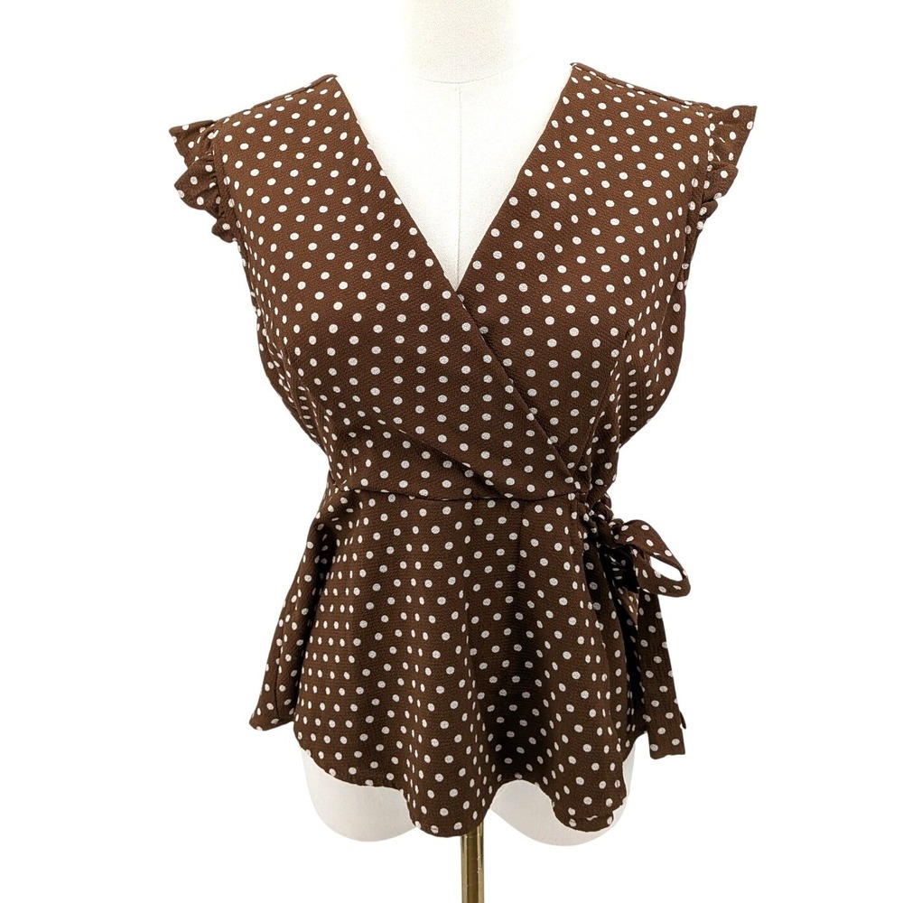 Monteau Polka Dot Wrap Blouse Brown Ruffle Sleeve Peplum Top L